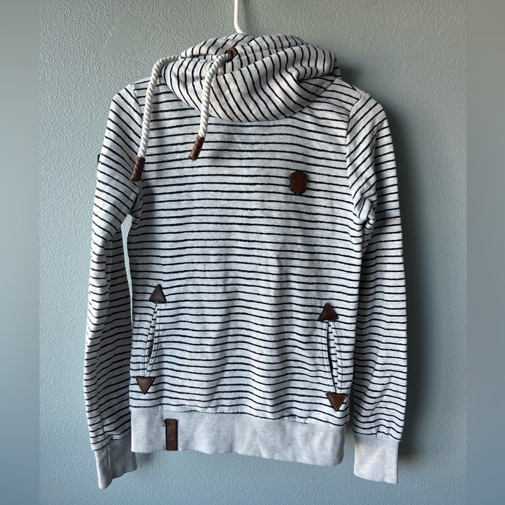 Naketano white black striped long sleeve hooded sweatshirt Women’s sz S
